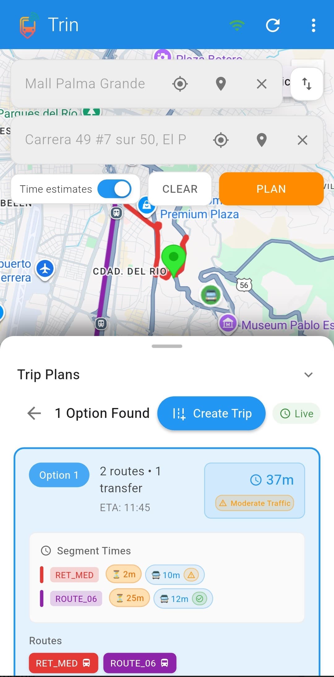 Trin App - University Route Screen